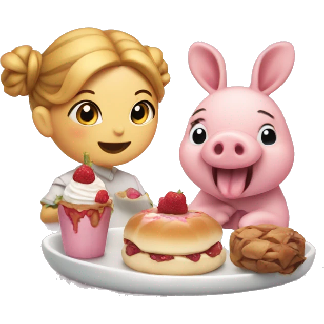 Bun (emoji) and piglet eating dessert emoji