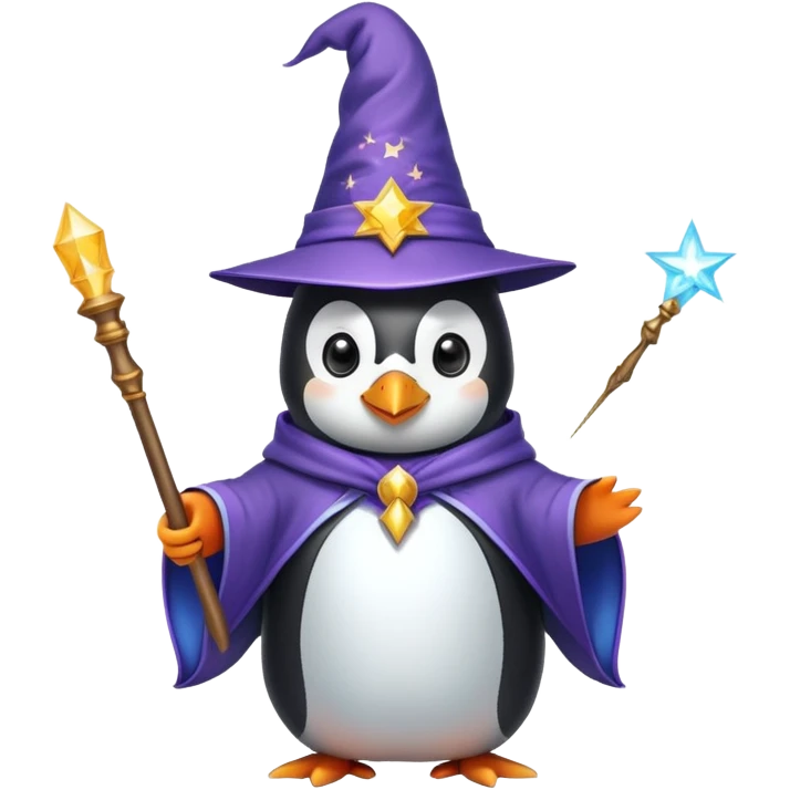 penguin wizard with magic wand and wizard hat emoji