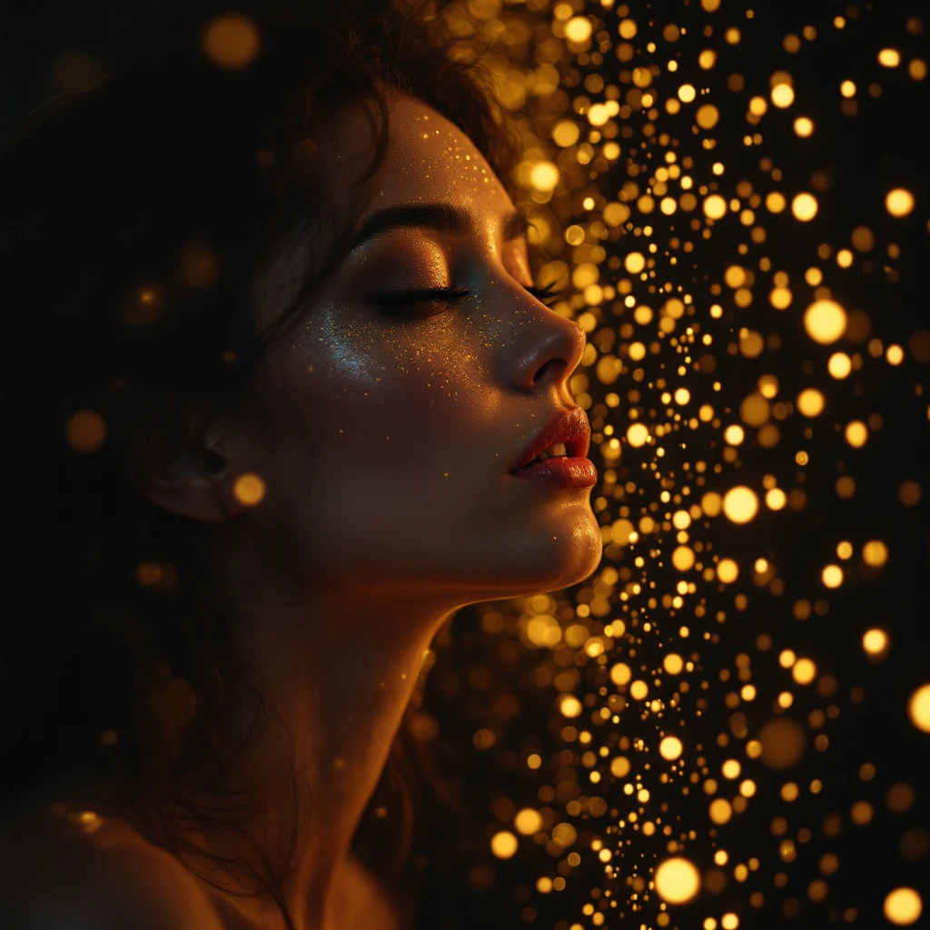Cinematic still of a Woman looking for a dot emoji