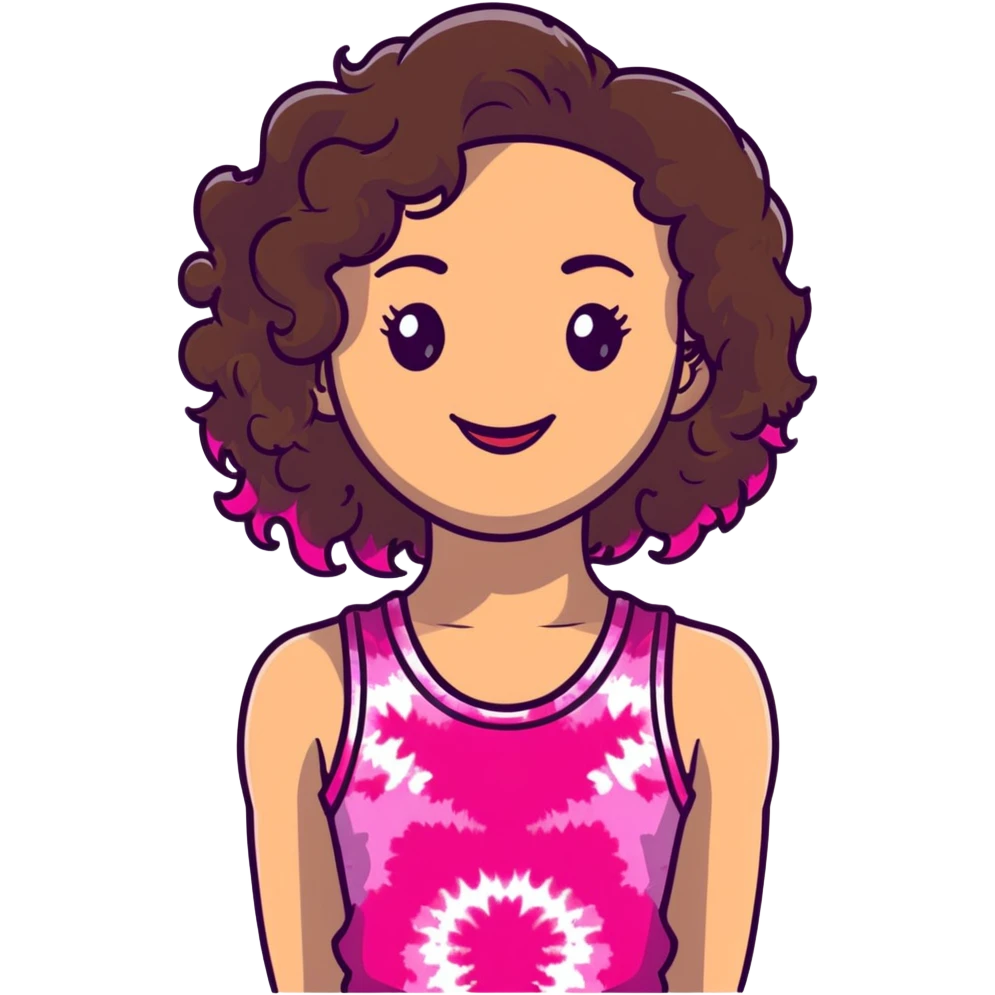 Friendly maternal woman with fair skin, long dark brown curly hair, large almond eyes, full lips, wearing bright pink tie-dye tank top, warm welcoming smile emoji