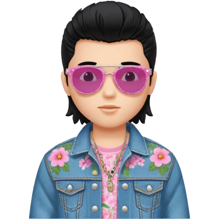 generate a pretty bratz fair skinned boy with a mullet black hair wearing a floral shirt emoji
