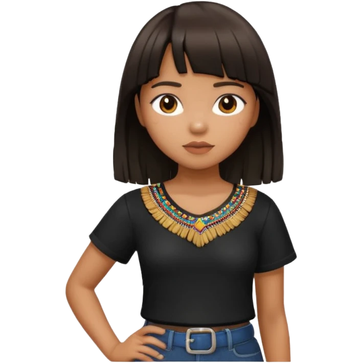 Philippino girl in black fringed shirt, with hand on hip emoji