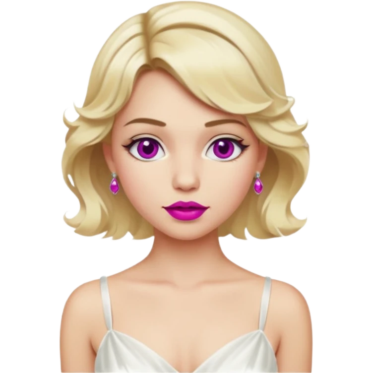 Bride with short wavy blonde hair, hot pink background and white silk chemise dress. Add fuscia background. Add fuscia lipstick emoji