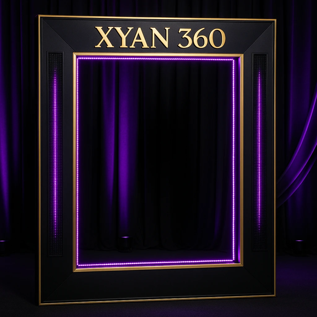A luxury event photo frame with 'Xyan 360' in gold, surrounded by purple and black LED accents, elegant and modern style emoji