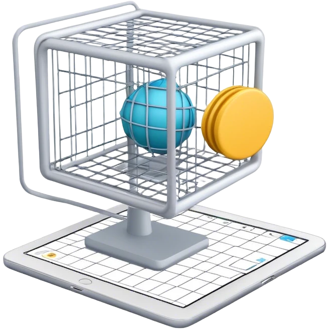 Create an emoji for 3D visualization and modeling. Show a 3D object with wireframe lines and a 3D modeling tool interface. Use modern, professional colors. Do not include any emojis or smiley faces. Make the background transparent. emoji