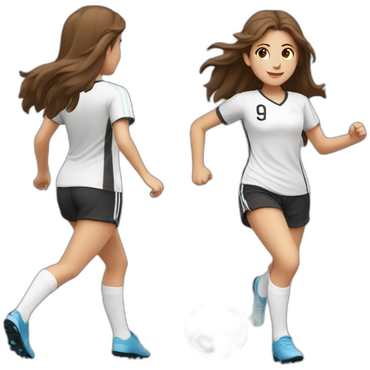 One cucasian girl with brown long hair running with a soccer ball wearing White short and black shorts emoji