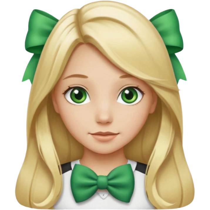 blonde girl long hair middle part, green eyes,at with a bow with text saying "engoy" emoji