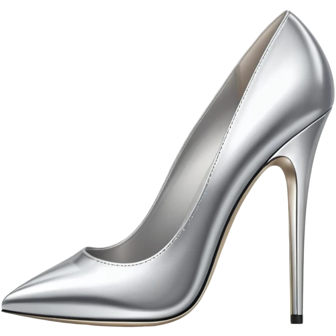 A pair of high heel shoes emoji made of polished silver chrome, elegant sharp silhouette, smooth metallic surface, glossy reflections, luxury sexy vibe, minimalistic iOS emoji style, centered, clean white background emoji