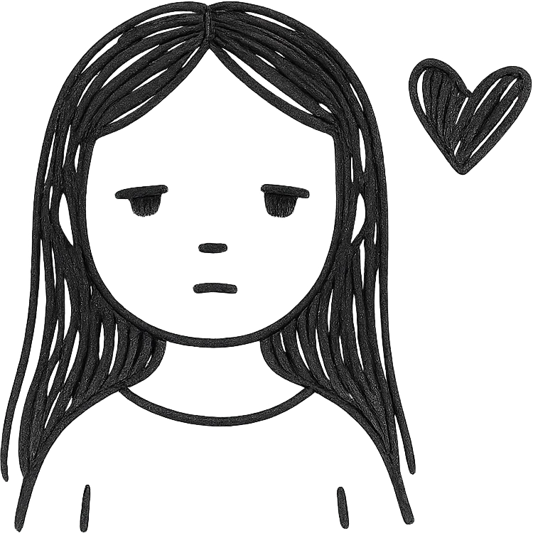 pale girl with long black hair and a black heart emoji