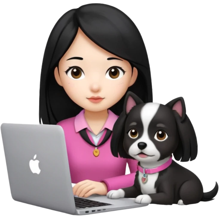 Blue back ground, Asian girl with long black hair working on an Apple laptop, next to her is a small black and white dog with pink collar on  emoji