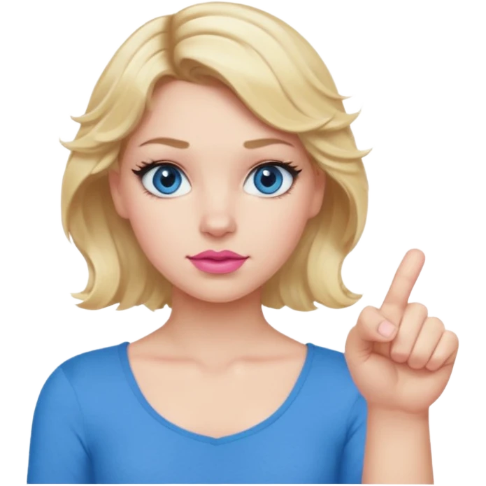 Girl Blonde short wavy hair,  blue eyes, cute blue top, long lashes, pink lips, thumbs down 👎  emoji