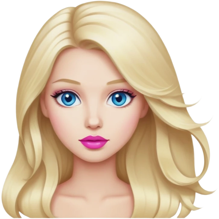 blonde, long blowdried hair, blue eyes, pink lipstick emoji