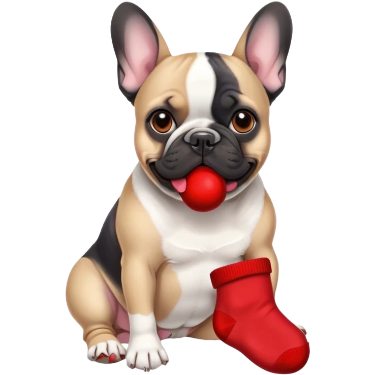 Black and white frenchie eating a red sock  emoji