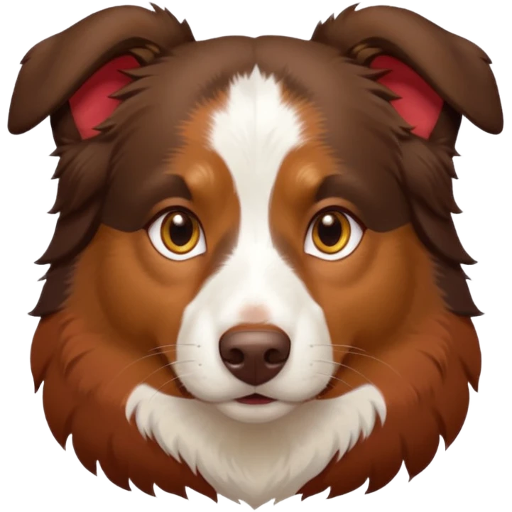 A tri color Australian shepherd with a chocolate brown base coat, red/gold fur on his eyebrows and snout/cheeks, a white chest, and gold eyes. No white on his face, only brown and gold. emoji