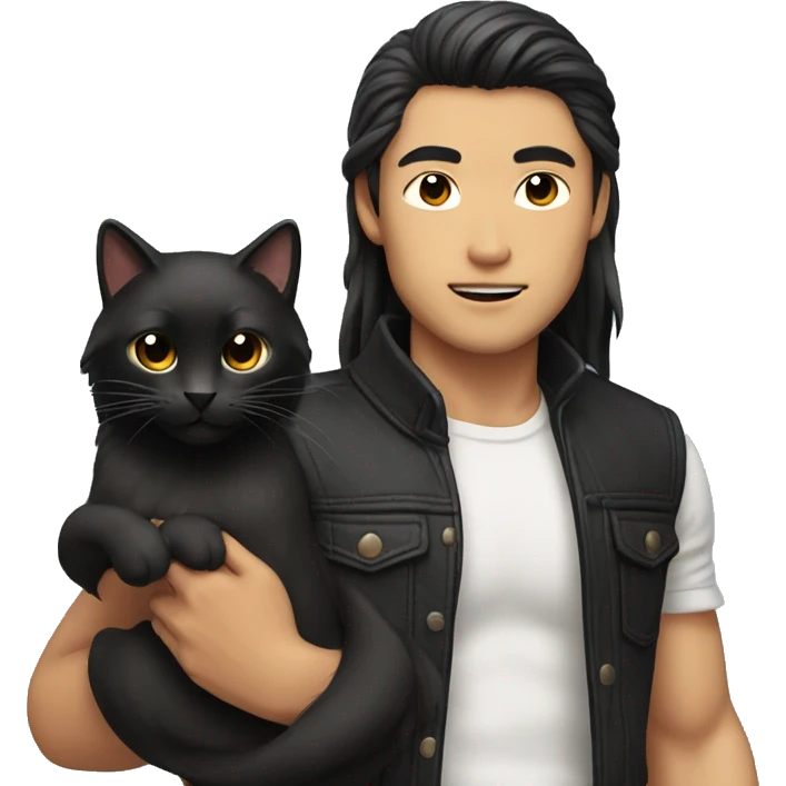 Model Long hair Asian man with abs holding black cat emoji