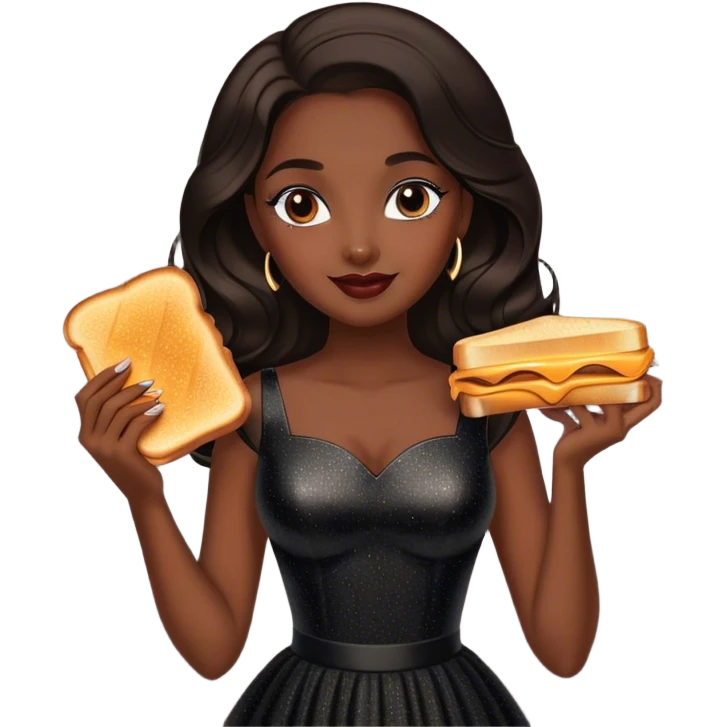 Beautiful woman in 1950’s woman fashion look, black shimmery dress, long dark brown hair, grilled cheese sandwiche emoji