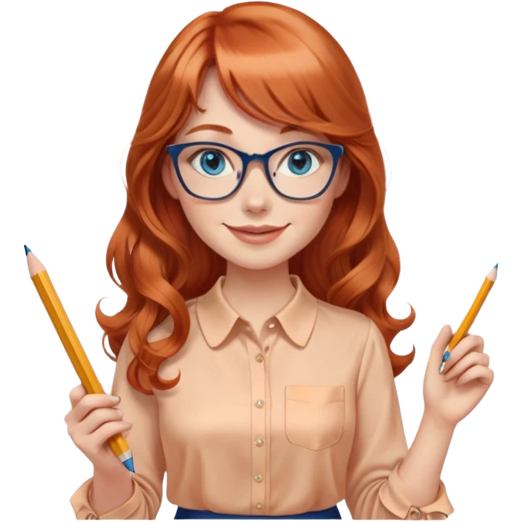 redheaded woman with very long wavy hair and bangs, blue eyes, clear cat-eye glasses, apricot silk blouse, pencil skirt, holding a pencil, smiling emoji