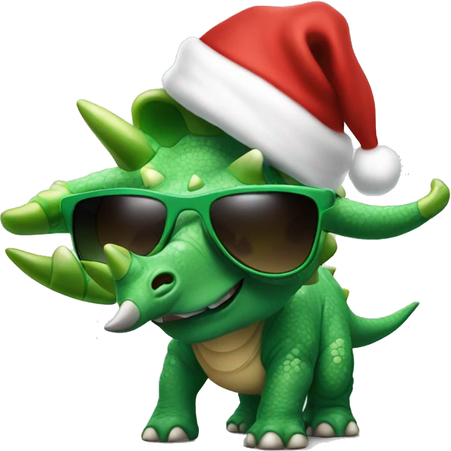 green triceratops in sunglasses and a santa hat emoji