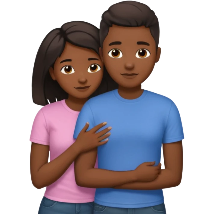 Black lesbian couple with one dark skin masculine with short hair low cute fade with a t shirt and one feminine with long hair in a blouse hugging  emoji