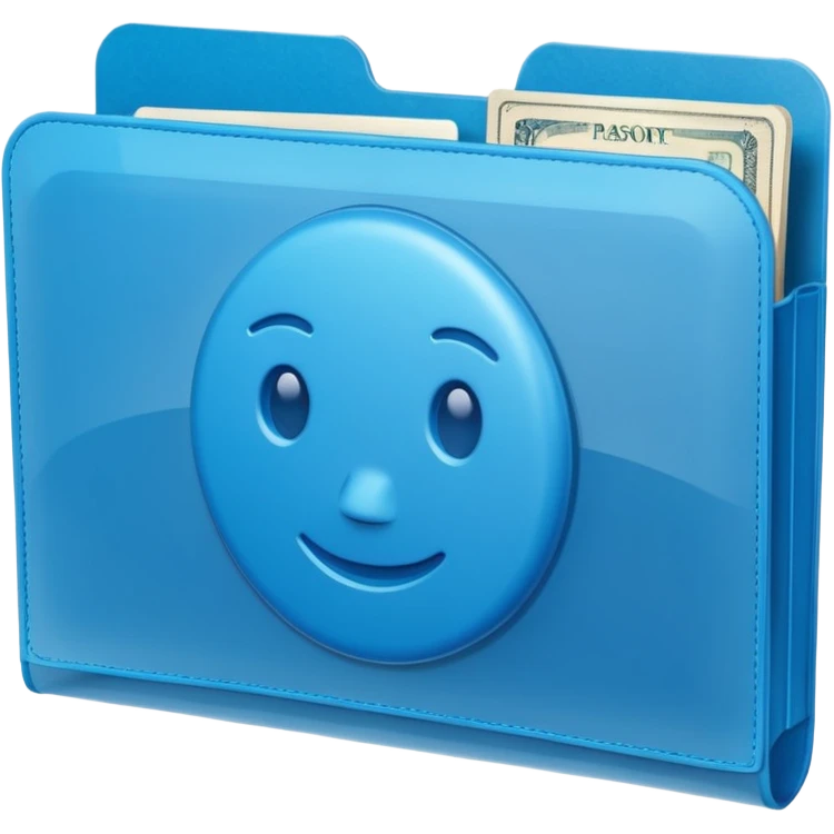 A translucent blue plastic folder with rounded corners, elastic string and button closure, soft matte finish, and a passport/travel symbol.  emoji