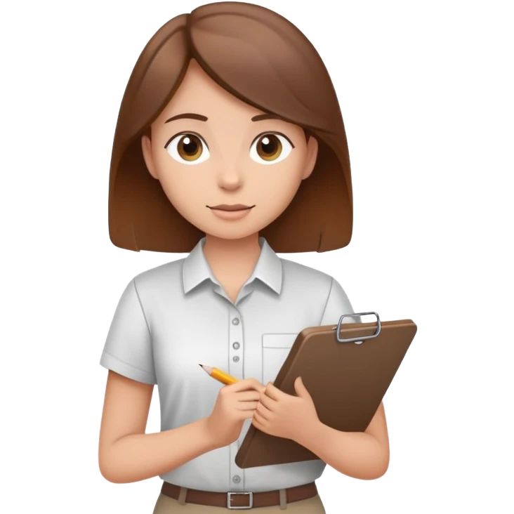Intern or volunteer with brown hair holding a clipboard and pencil, ready to take notes or assist. The character wears a simple shirt and has an eager posture emoji