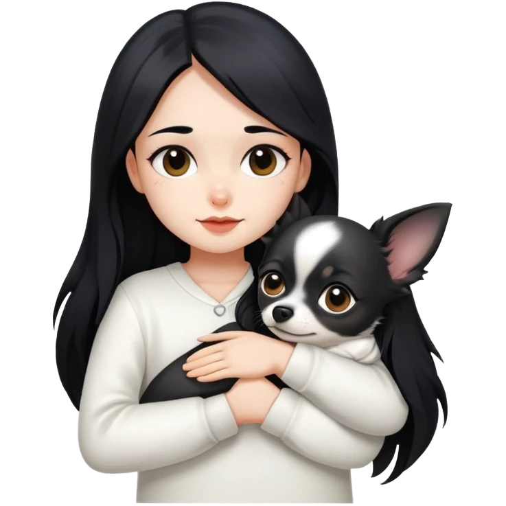Fair skin girl - long black hair - white clothes - hugging a black chihuahua emoji