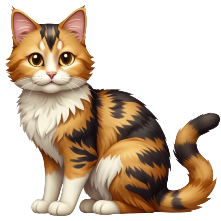 cinematic-[calico tabby cat]-realistic-full-body-sitting-emoji,-tail-curled-playfully-around-its-paws,-head-tilted-dramatically,-scruffy-[calico]-fur,-simplified-yet-realistic-focused-features,-highly-detailed,-glowing-with-an-almost-sarcastic-glow emoji