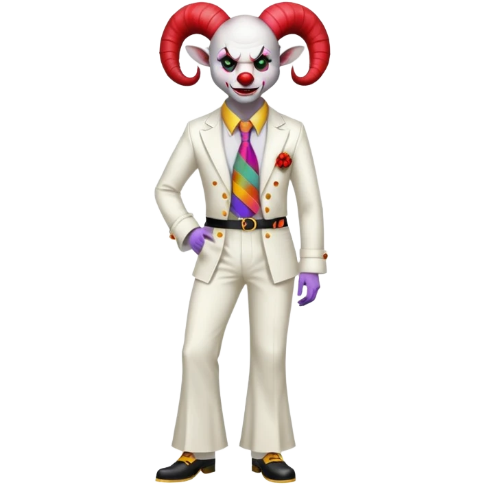 full-body demonic clown in a white leisure suit with bellbottom pants, bald, black ram horns, flashy belt, ruffled shirt, colorful tie, no elevator shoes emoji