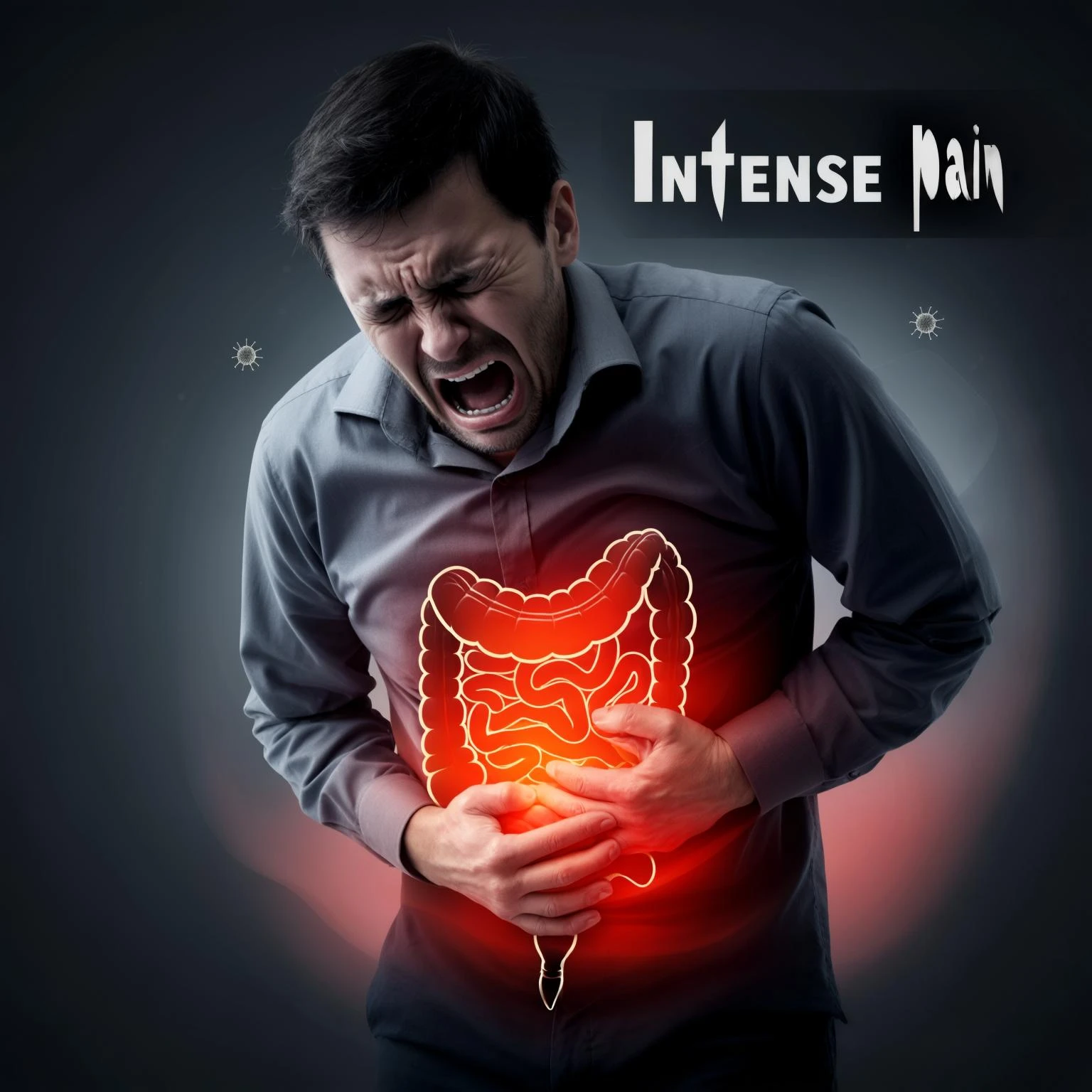 man with expression of pain and discomfort, focus on abdomen, highlighting inflamed and painful intestine with visual effects like redness, glow, inflammation symbols, inspired by reference photo, Luma Photon style emoji