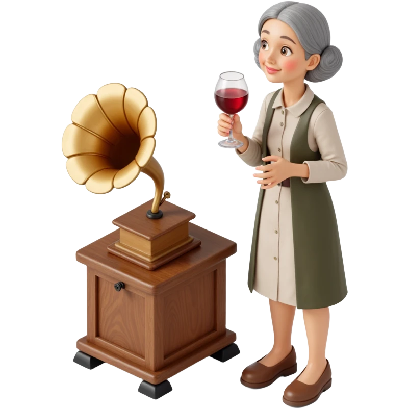 old lady with wineglass listening to gramophone emoji