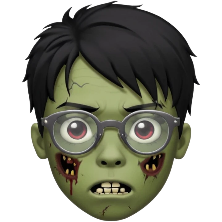 Boy, zombie, black hair, medium long, emo, shaggy, dark, spooky, creepy expression emoji, add dolce gabanna glasses, a risk on the eyebrow, some tattos  emoji