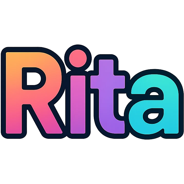 Rita name in modern colorful gradient font with dark outline, transparent background, in the style of the sample images emoji