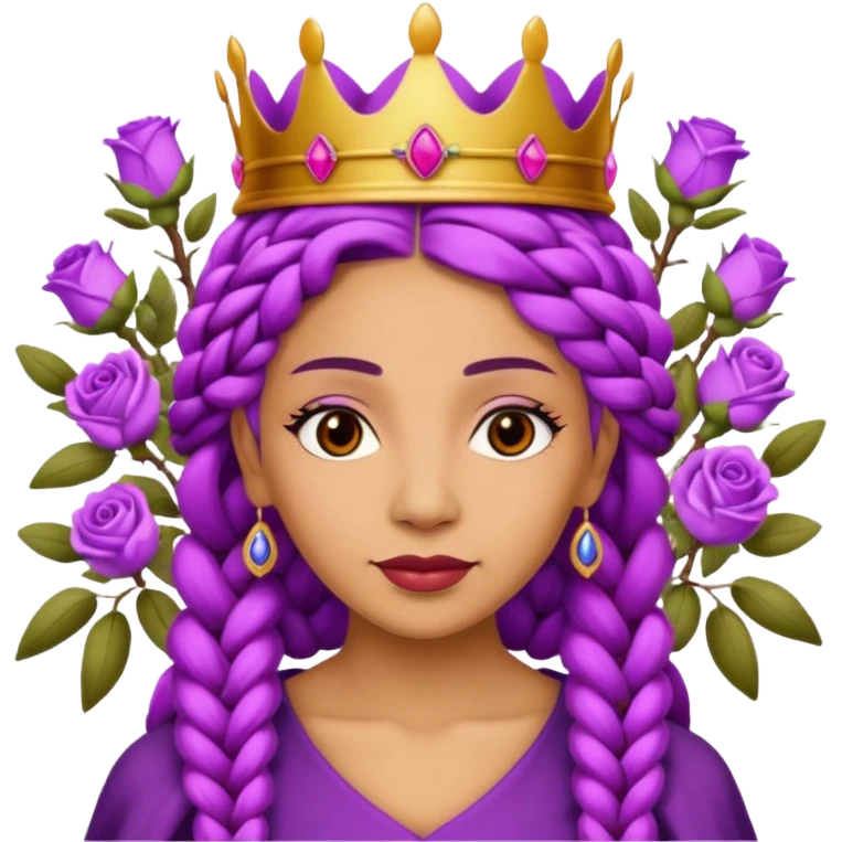 Crown Olive skin older queen with purple braids, brown eyes surrounded by roses emoji