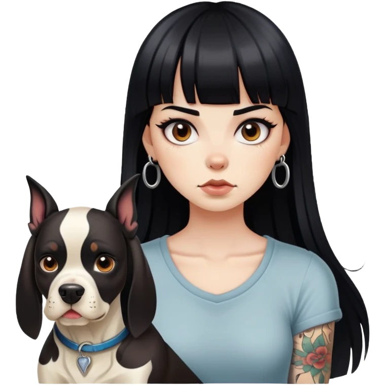 girl with long black  straight bangs hair with tattoo and a Springer dog  and  bull terrifying dog emoji