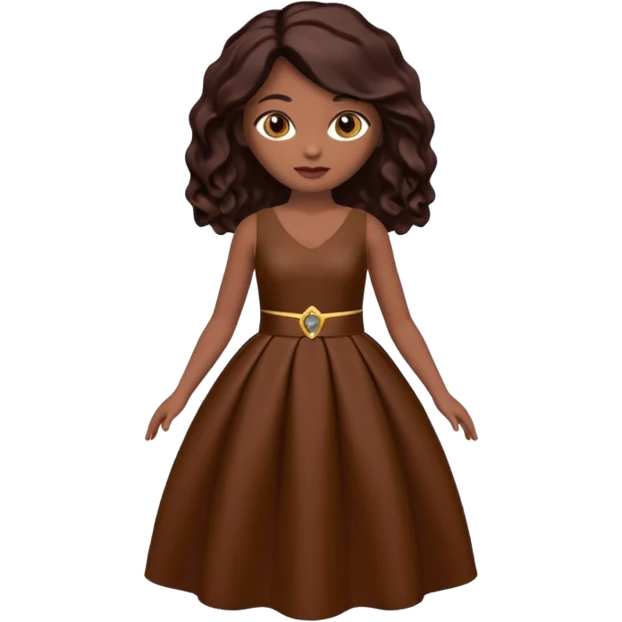 Boneca digital em estilo 3D realista e fofo, semelhante a uma boneca colecionável. Mulher jovem com pele negra, olhos castanhos escuros, cabelo liso cor chocolate, longo e bem alinhado.  emoji