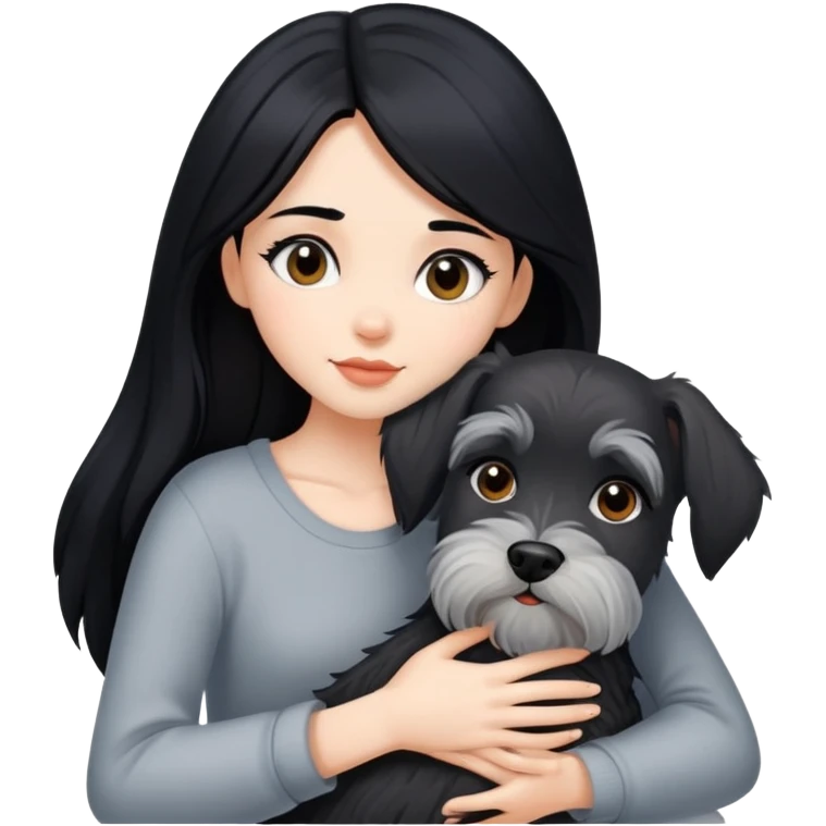 A beautiful girl with long black hair hugs a Schnauzer emoji