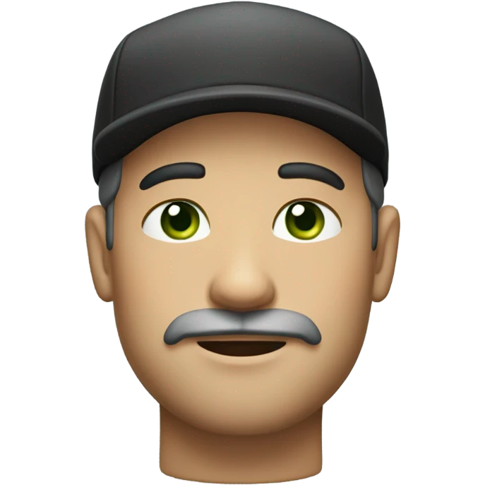 man wearing a black flat cap, with a short beard and mustache, and a neutral expression. The man has light skin, green eyes, and subtle wrinkles on his forehead emoji