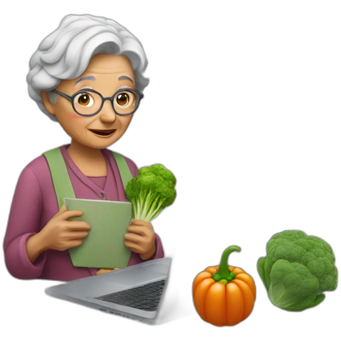 Old woman with a laptop and a vegetable emoji