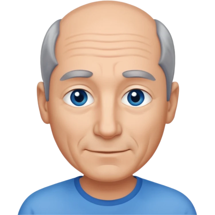 Middle aged man with receding grey and black hair and no beard, blue eyes, shy smile, tanned skin emoji