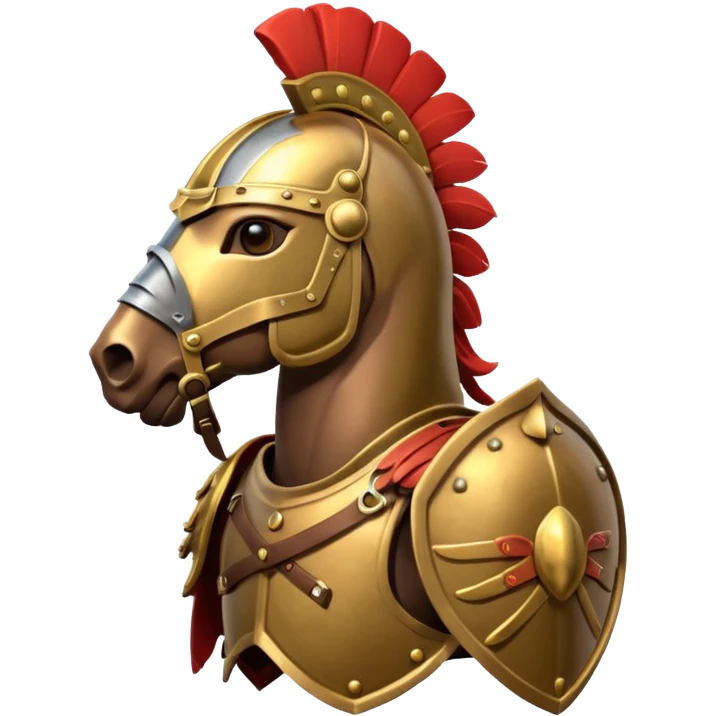 An emoji of a powerful Roman warhorse in full armor, with a feathered helmet. emoji