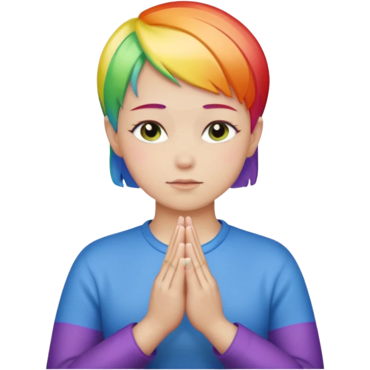 White lesbian with short hair rainbow coloured skin with praying hands emoji
