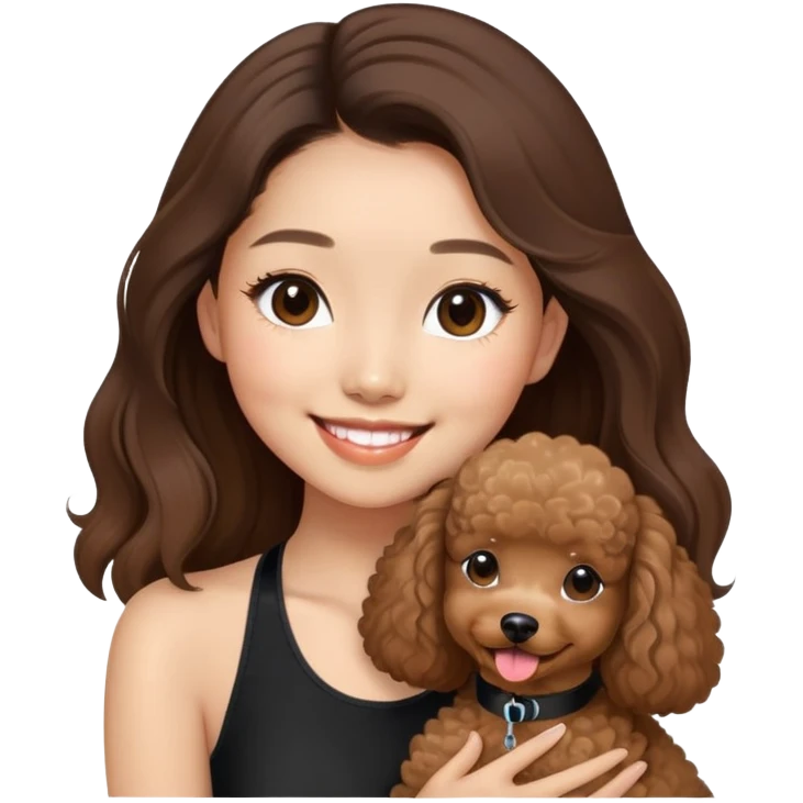 a asian girl with long brown balayage hair, long lashes, smiling, wearing black halterneck top, and holding a brown poodle emoji