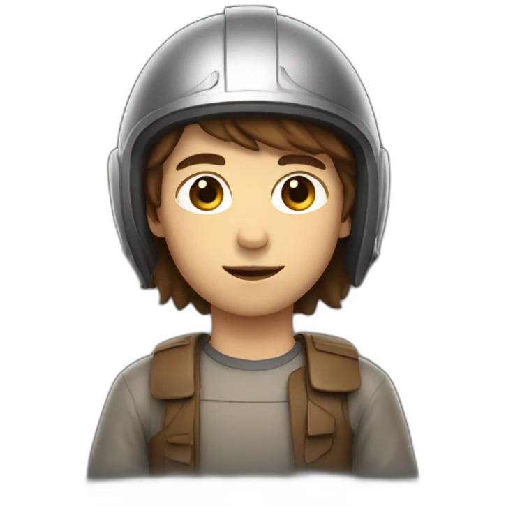 boy with longer brown hair covered with a helmet emoji