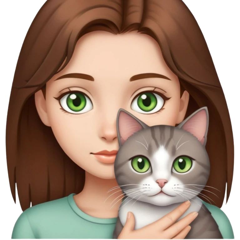 Brown hair girl with grey green eyed cat emoji