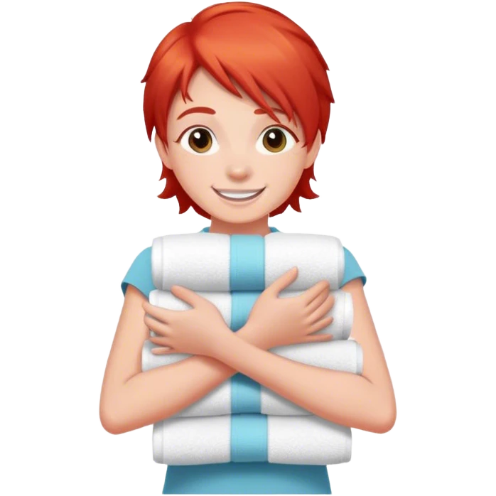cheerful teenager on the road with red hair carrying a stack of towels in her arms emoji