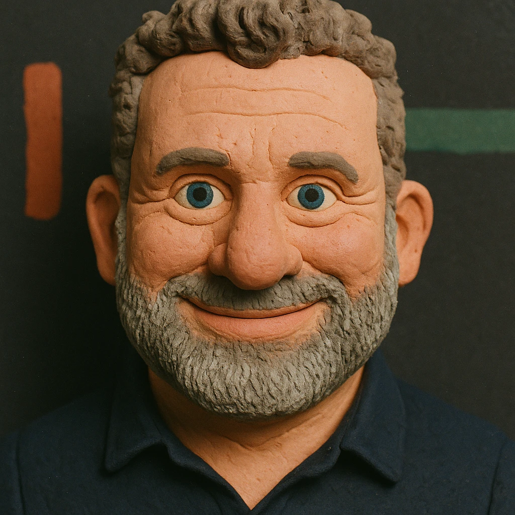 Claymation portrait of the user's face with a slightly larger forehead, friendly and confident facial expression, background in anthracite color, alternative color accents. emoji