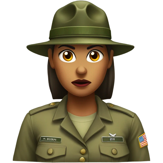 a female drill sergeant character wearing a classic sergeant hat and a camouflage army shirt. The character should have an angry intense expression. full torso emoji