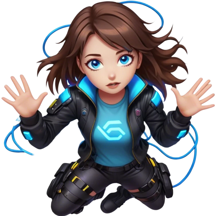 Neon cyberpunk style 
girl with brown hair and blue eyes 
falls emoji