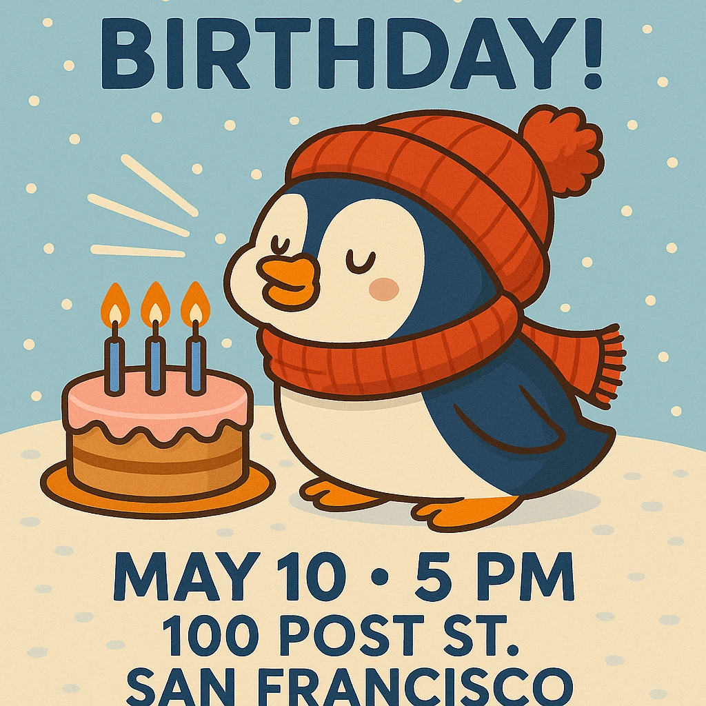 Adjust the invitation so that all event text (Dave’s Birthday! May 10 at 5 PM, 100 Post St. San Francisco) is clearly visible and fits well within the image, keeping the cartoon penguin, cake, and wintery theme intact. emoji
