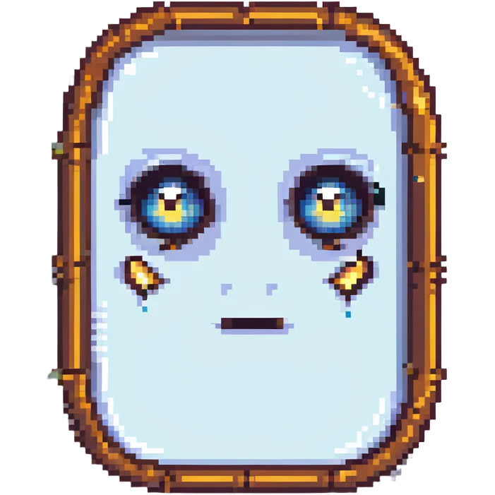 anthropomorphic mirror with piercing eyes, bursts of truth, pixel art style, mysterious and energetic atmosphere emoji